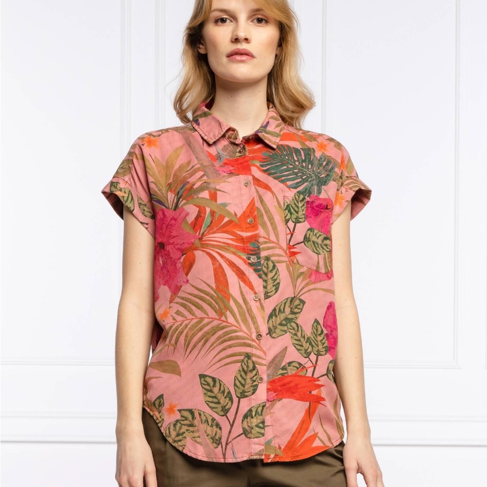 Desigual Tropical Print Pink Button-Up Women's Top sz XL - Picture 2 of 7
